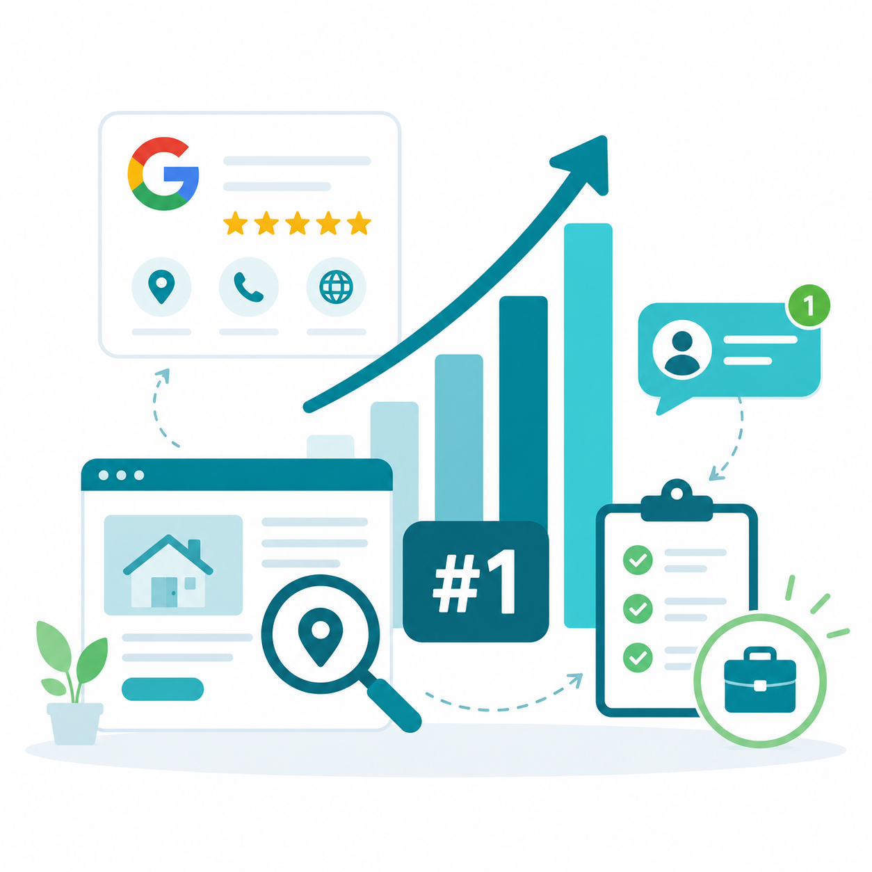 Grafische Illustration: Google-Bewertungen, Website, Auffindbarkeit, wachsende Sichtbarkeit und mehr Aufträge.